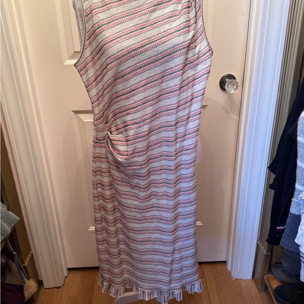 Max Studio White and Pink Sheath Midi Dress Short Sleeve Mock Neck
